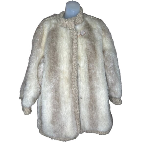 Vintage DEsprit Faux Fur Coat Beige With Knit Trim Size 10